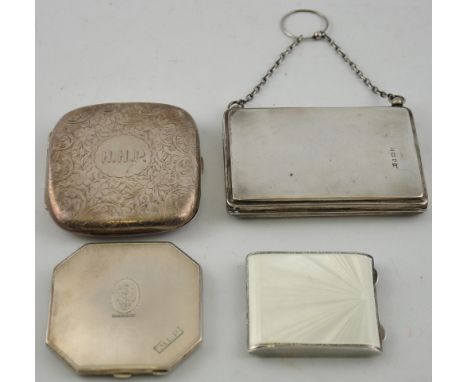 A George V rectangular silver ladies purse with blue leather interior, together with an engraved silver cigarette case, a whi