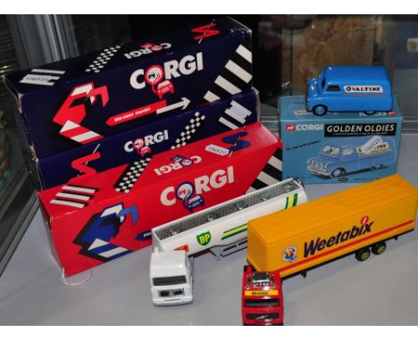 Four various 1980s Corgi scale models, comprising two articulated trucks, a tanker and a car transporter, together with a vin