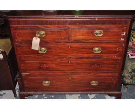 A George IV boxwood strung mahogany five drawer chest on bracket feet, w: 110cm
