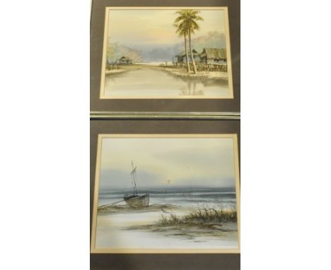 Watercolour on paper, seafront, probably Far Eastern, indistictly signed lower right, together with another similar, a print 
