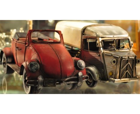 A vintage-style tinplate model of a Beetle Cabriolet, L. 29cm, together with a similar model of a Citroen van (2)