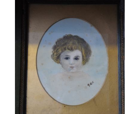 Watercolour on paper, an early 20th Century portrait of a child, framed, monogram to lower right, 18 x 14cm