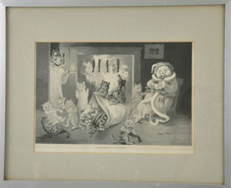 After Louis Wain, How the Pussikin Family kept Christmas, framed monochrome print, 20 x 30 cm