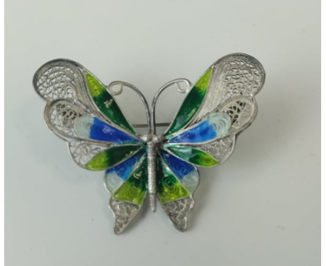 Early 20th Century butterfly brooch, filigrain frame marked 925 with enamel wings.Weight 6gWidth 5 cm x 4.5cm length.