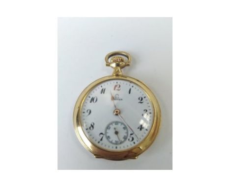 Omega Pocket old plated half-hunter watch, early 20th Century, breguet hands, white enamel dial with Arabic numerals and subs