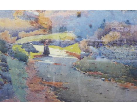 John R Houston, 'Autumn Woods with a lone figure' watercolour, signed and framed under glass, 35 x 23cm 