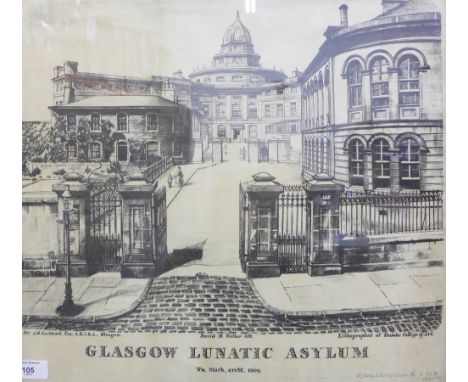 'Glasgow Lunatic Asylum', lithograph, signed in pencil and dated November '59, framed under glass, size overall 54 x 48cm 