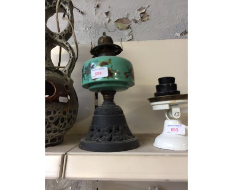 CAST AND GREEN GLASS OIL LAMP BASE, 28CM    C5