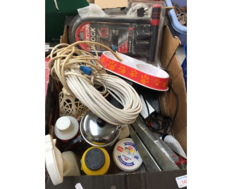 BOX INCLUDING; D-LOCK, ELECTRIC SANDER, CUTLERY, SOIL SPEAR ETC.
