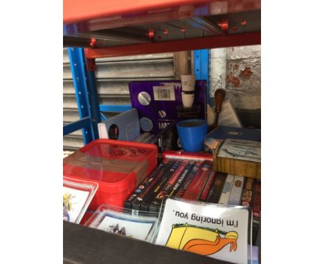 A BOX OF MIXED ITEMS INC DVDS, BOOKS, LEGO, LAMP ETC