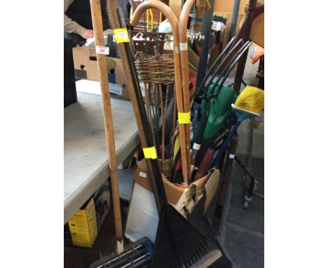 A QUANTITY OF GARDEN TOOLS, INC VAC/BLOWER, PICK AXE ETC
