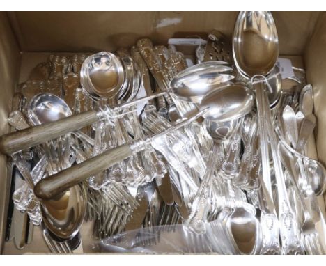 A silver Christening spoon and fork and a service of King's pattern plated flatware, comprising: 12 soup spoons, 12 dinner kn