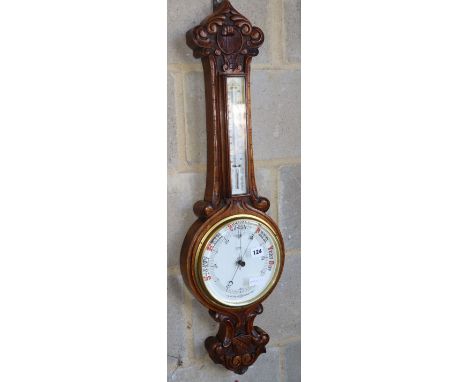 A Victorian carved oak aneroid banjo barometer / thermometer marked Bamber, Preston, H.86cm