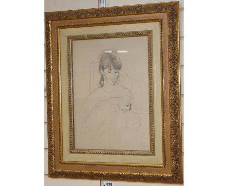 Tom Durkin (1928-1990), 'Toni with Chivers the Cat', pencil drawing, Walker Galleries label verso, 40cm x 29.5cm