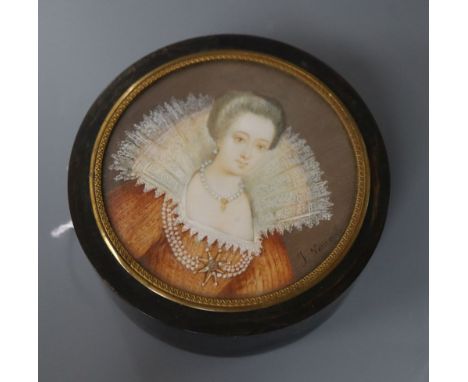 A circular tortoiseshell snuff box and cover, lid inset with a painted portrait of an Elizabethan lady