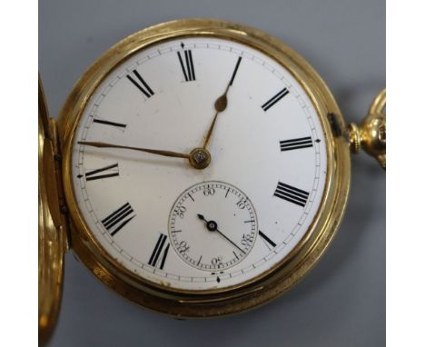 An 18ct gold hunter pocket watch by A R Harris, Goswell Road, case 48mm, gross 129.5 grams.CONDITION: Glass dial cover missin
