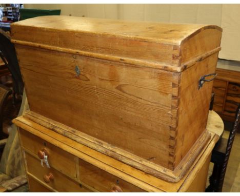 A 19th century Continental domed top pine trunk, W.90cm, D.49cm, H.55cm