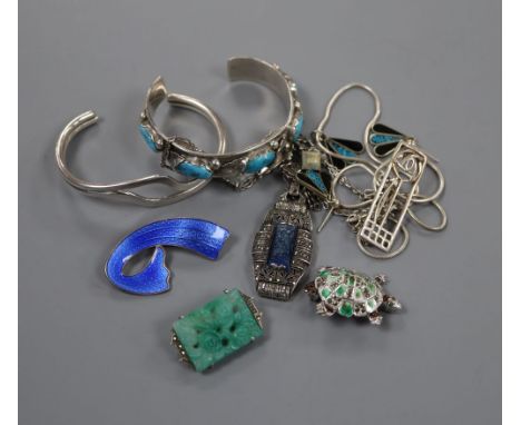 A Norwegian sterling and enamel scroll brooch, 45mm and other jewellery including sterling and marcasite.