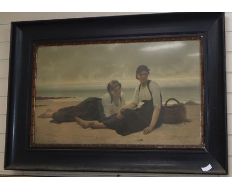 After A. Delobbe, colour print, Fishermen wives seated on the shore, 51 x 90cm