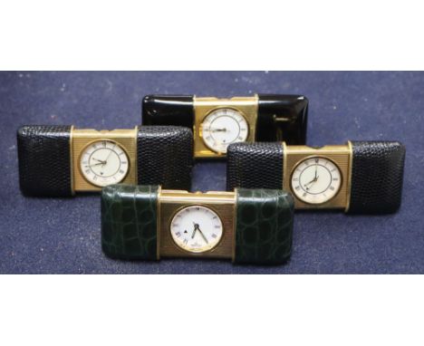 Four Nepro gilt metal cased purse alarm watches, with easel backs, each 56mm., three with leather outer cases.