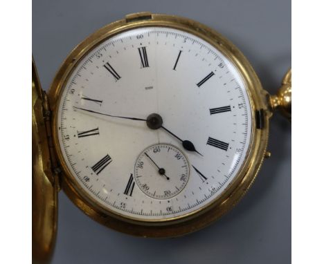 A continental engine turned 18k hunter pocket watch, with Roman dial, case 48mm, gross 106.8 grams.CONDITION: Decoration worn