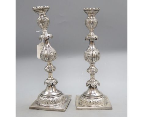 A pair of 19th century Russian 84 zolotnik Sabbath Day candlesticks, retailed by J. Goldman, dated 1879, 32cm, gross 29 oz (a