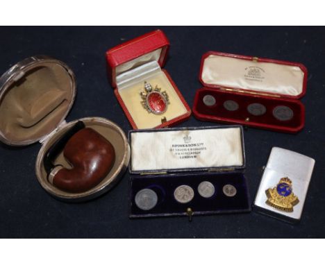 A 1901 Maundy set, cased, a 1902 part set (with1904 fourpence), cased, a 9ct gold small religious pendant and three other ite