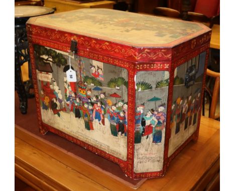 A Thai (?) painted octagonal wooden trunk, W.73cm, D.50cm, H.54cm