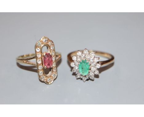 Two modern 9ct gold and gem set rings, emerald and diamond cluster and ruby and diamond cluster, sizes K &amp; L, gross 5 gra