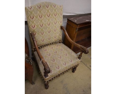 A pair of walnut tapestry Louis XIII style armchairs, W.58cm, D.60cm, H.110cm