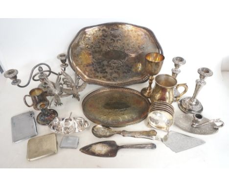 COLLECTION OF SILVER PLATED WARES
including a gallery serving tray with embossed decoration; a pair of candle holders of tape