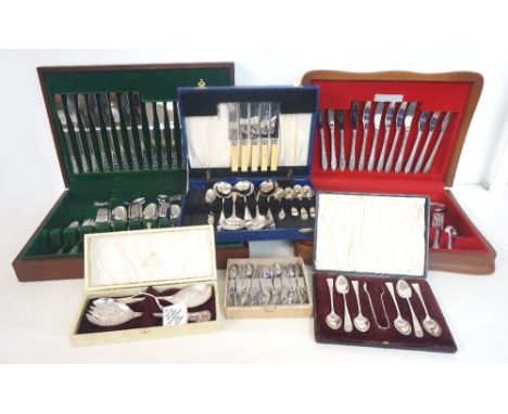 QUANTITY OF SILVER PLATED FLATWARE
comprising three canteens of cutlery, boxed Elkington tea spoons and sugar tongs, six boxe