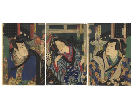 Artist: Kunichika Toyohara (1835-1900)  Title: Kabuki play, Nuretsubame Hiyoku no Inazuma  Publisher: Tsunoi  Date: 1869  Siz