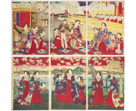 Set of 2 prints:  Artist: Chikanobu Yoshu (1838-1912) / Fusatane Utagawa (act 1854-1889)  Title: Royal Outing / The Empress E