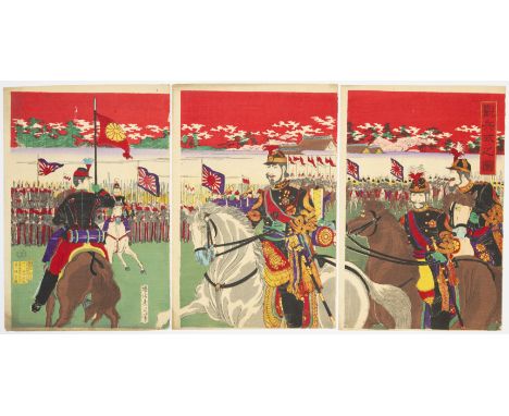 Artist: Chikanobu Yoshu (1838 - 1912) Title: A Military Parade Publisher: Hayashi Kichizo Date: 1887 Size: (L) 37 x 25.1, (C)
