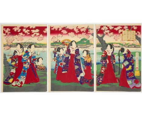 Artist: Fusatane Utagawa (1854-1889) Title: The Imperial Family Enjoying Cherry Blossoms at Sumida River Publisher: Urano Asa