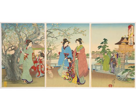 Artist: Nobukazu Yosai (1872-1944) Title: Beauties Under the Plum Blossoms Publisher: Takekawa Seikichi Date: 1893 Size: (L) 