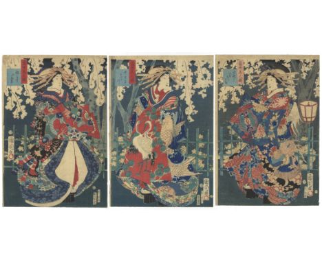 Artist: Kunichika Toyohara (1835-1900)  Title: Modern Beauties  Publisher: Chojiya Heibei  Date: 1865  Size: (L)36 x 25 (C)35
