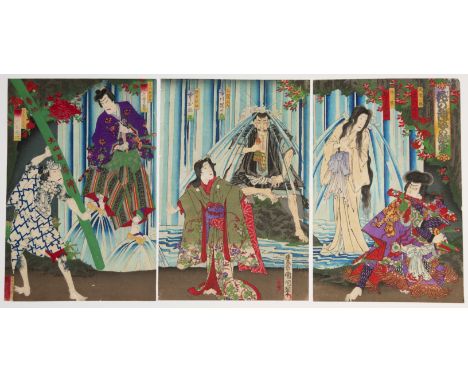 Artist: Kunichika Toyohara (1835-1900)  Title: Portraits of Various Kabuki Actors at a Waterfall  Date: 1885  Publisher: Koda