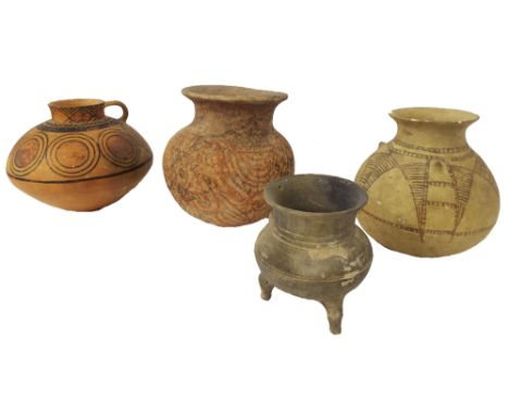 Interesting antique baluster globular pottery vessel, with simple geometric decorated sides, bearing a label to the foot insc