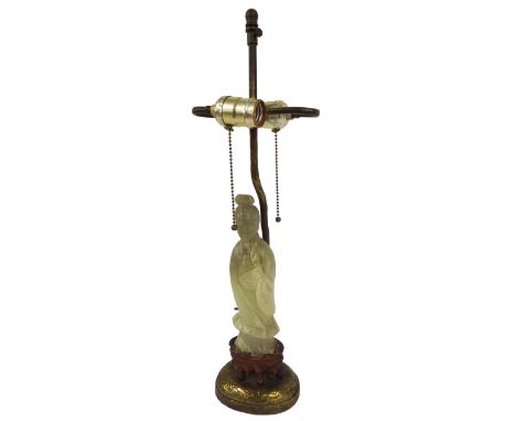 Chinese green hardstone (possibly jade) figure of a Geisha fitted to a twin brass table lamp, 20" high