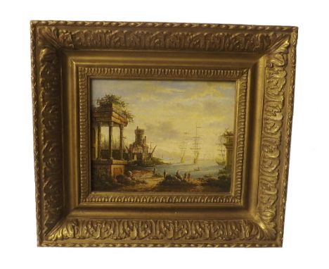 By R* Trulli (Continental school) - Continental coastal landscape with galleons and monuments, signed, work on board, 8" x 9.