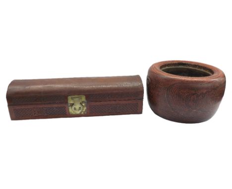 Small Chinese oblong domed trunk, with tooled decoration, 23.25" wide; also a circular red lacquer bowl with brass lining, 14