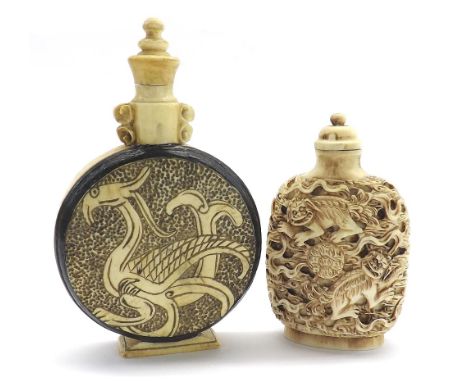 Chinese ivory snuff bottle in the form of a moon flask, carved with a primitive dragon to either side; also another ivory col