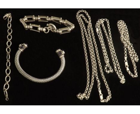 White metal amethyst set torque expanding bangle; together with two silver link bracelets and three belcher link necklets, 6.