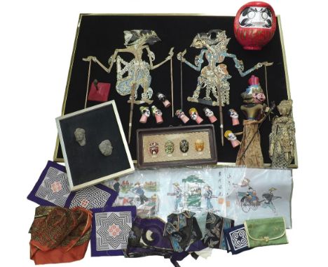 Small collection of various Chinese theatre puppets and puppet heads etc; also ten various 20th century tourist fans