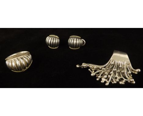 Watling of Lacock silver dress ring; together with a silver and 18ct ring and matching earrings (4)