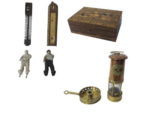 Mixed miscellaneous lot to include good copper and brass E Thomas and Williams miner's lamp; together with walnut and rosewoo