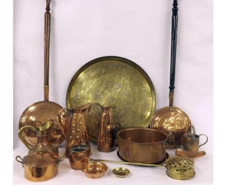 Very large collection of copper and brass ware to include warming pans, jam pots, water jugs, fire tools, chestnut roaster, s