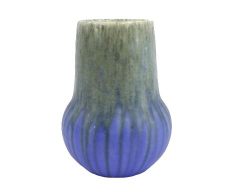 Ruskin pottery squat baluster vase, with dripped green and blue glaze, marked Ruskin, England 1934 to base and signed W Howso